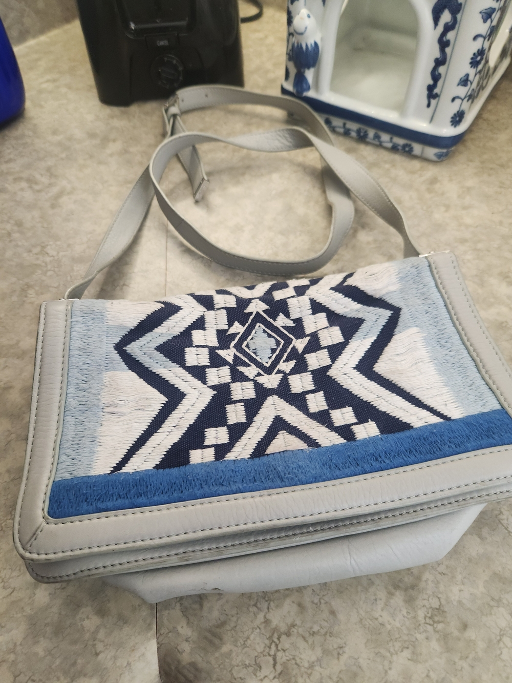 Sam Edelman Light Gray Crossbody with Navy & Sky Blue Embroidered Pattern